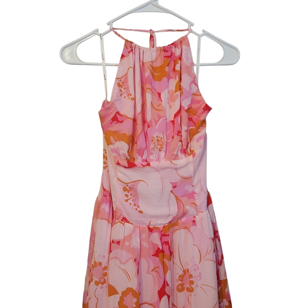 MINKPINK Josie Pink Floral Halter Maxi Dress Resort Vacation Wedding Guest L - Picture 5 of 10
